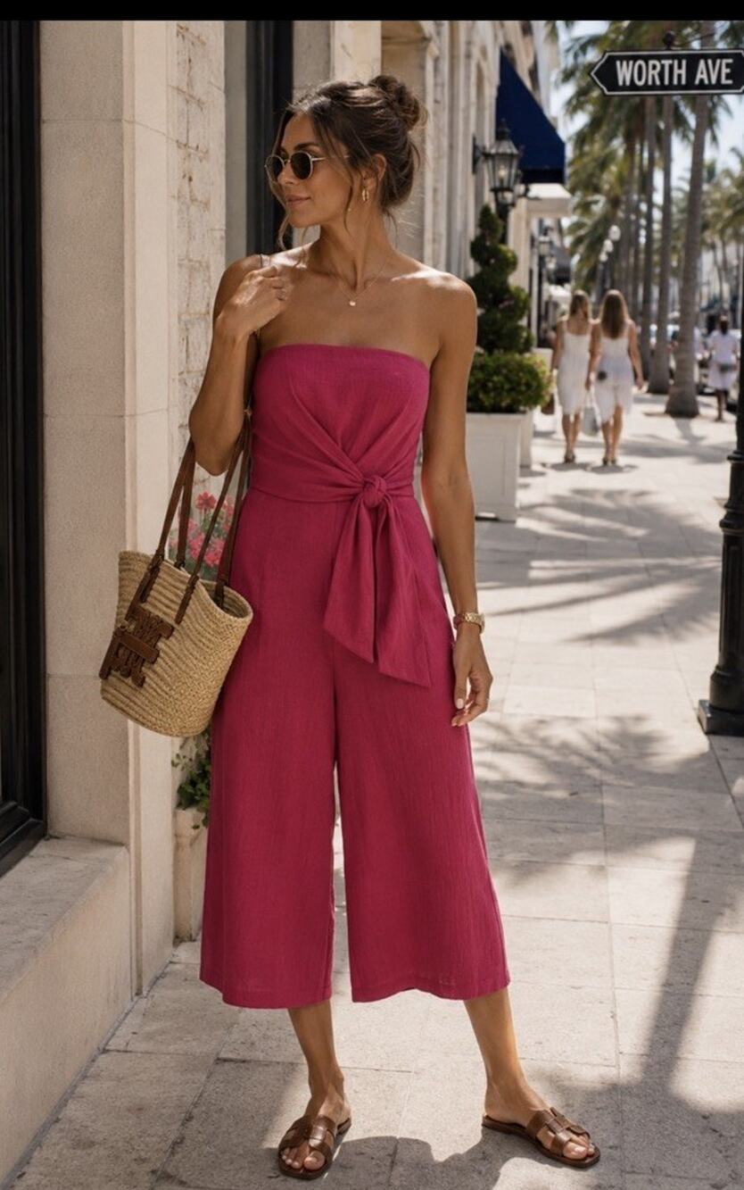Anthropologie Size 8 Maeve Hot Pink Strapless Wide Crop Leg Jumpsuit MSRP $148